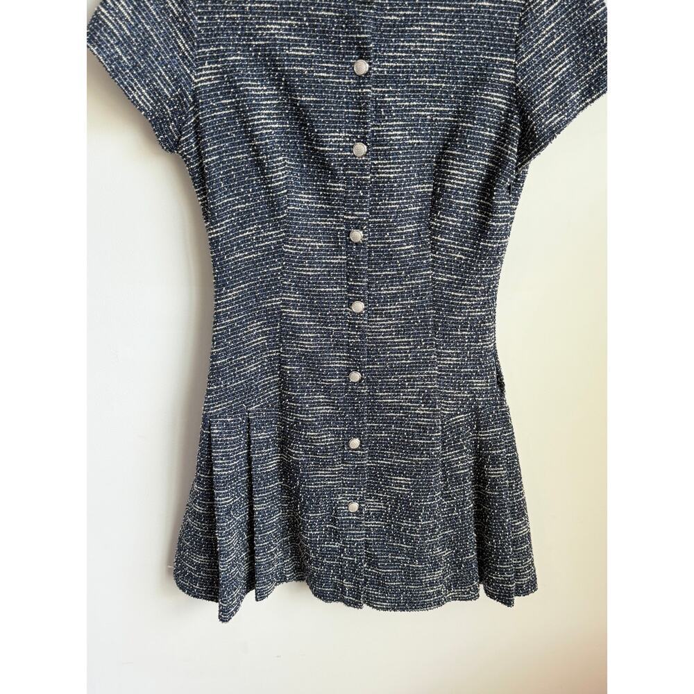 Zara Short Sleeve Collared Ruffle Hem Button-Up Tweed Mini Dress Navy White S - Picture 6 of 10